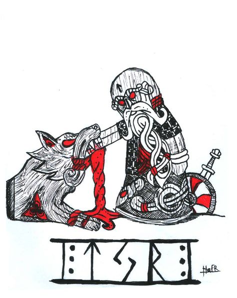 Tyr and Fenrir, totem style Tyr And Fenrir Tattoo, Fenrir Altar, Tyr And Fenrir, Tyr Tattoo, Viking Totem, Fenrir Tattoo, Pagan Tattoo, Viking Tattoo Symbol, Metal Band Logos