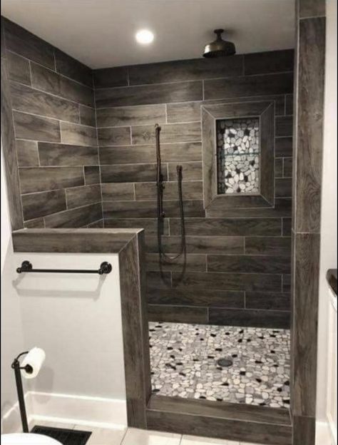 Western Walk In Shower Ideas, Rustic Bathroom Backsplash Ideas, Manly Shower Tile Ideas, Dark Tile Walk In Shower, Walk In Shower Rustic, Small Bathroom Walk In Shower Ideas Pony Wall, Dark Brown Shower Tile, Barnwood Tile Shower Ideas, Tiny Bathroom Shower Ideas