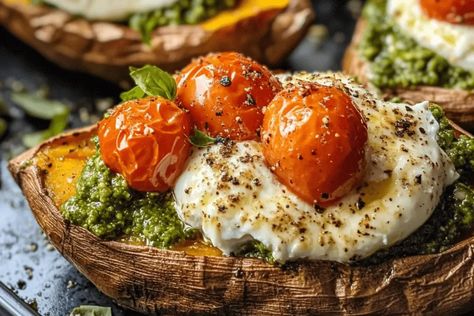 Stuffed Sweet Potatoes with Burrata and Pesto Fiber Meals, Plant Based Cheese, Stuffed Sweet Potatoes, Vegetarian Foods, Colorful Dishes, Roasted Cherry, Beet Recipes, Roasted Cherry Tomatoes, Dinner Food