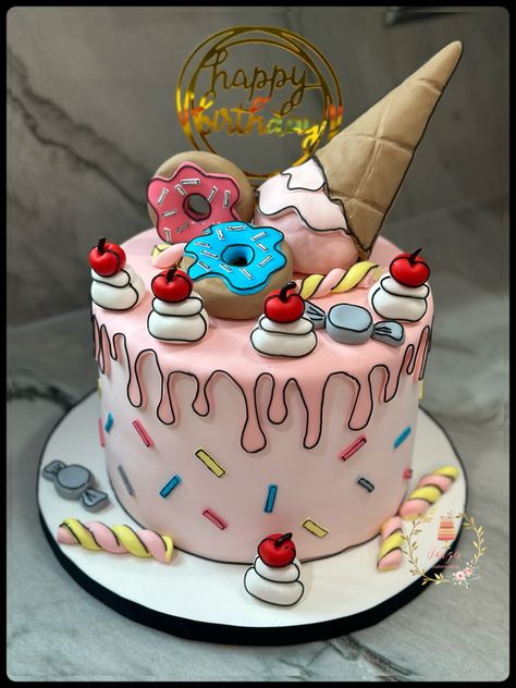 Donut Inspired Cake, Square Cartoon Cake, Cartoon Style Birthday Cake, Comic Cartoon Cake Ideas, Cute Girly Cakes, Comic Cake Birthday, Cartoon Cakes For Kids, Donut Theme Cake, Donut Cake Birthday