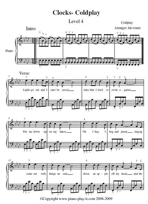 music Clocks Piano, Coldplay Clocks, Coldplay Piano, Coldplay Poster, Sheet Music For Beginners, Music For Beginners, Coldplay Songs, Beginner Piano Music, Coldplay Music