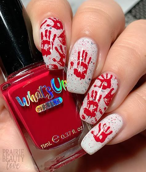 Horror Themed Nails Short, Halloween Nails Blood Splatter, Creepy Nail Art, Creepy Halloween Nails, Blood Nails, Scary Nails, Splatter Nails, Halloween Nail Ideas, Horror Nails