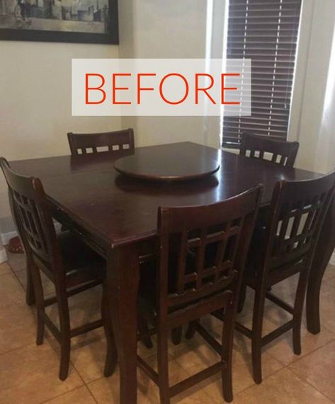 We're totally re-doing our dining room table after seeing these ideas. Shutters Curtains, High Top Table Kitchen, Dining Room Table Makeover, Stained Table, High Top Tables, Coaster Crafts, Pub Set, Pub Table Sets, Patio Bar Set