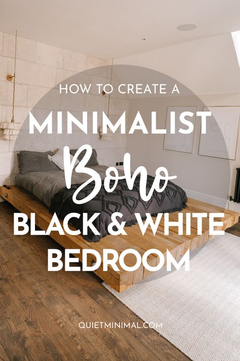 Minimalist Black and White Boho Bedroom (10 Ideas & Tips) - Quiet Minimal - Interior Design Inspiration & Ideas Black White And Grey Bedroom Ideas Boho, Black White Boho Bedroom, Gray Boho Bedroom Ideas, Black And White Boho Bedroom Ideas, Black And White Bedding Ideas Modern, Black And White Bedroom Ideas Boho, Boho Gray Bedroom, Black And White Bedroom Ideas Minimalist, African Boho Bedroom