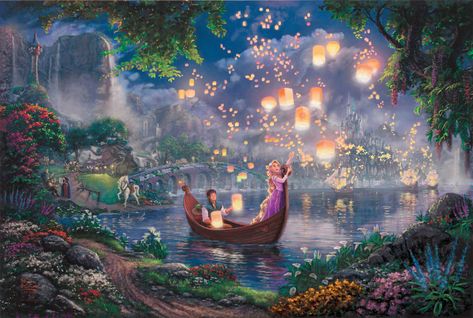 Wallpaper Nature Art Tangle Rapunzel In Boat Photo, Flowers Rapunzel Y Flynn, Traditional Fairy Tales, Kinkade Disney, Thomas Kinkade Disney, Rapunzel And Flynn, Floating Lanterns, Animation Disney, Tema Disney, Disney Paintings