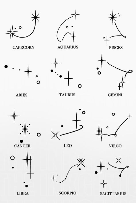 Star zodiac signs for tattoo ideas! Tattoo Ideas For Zodiac Signs, Zodiac Sign Back Tattoo, Tattoo According To Zodiac Sign, Zodiac Sign Hand Tattoo, Celestial Zodiac Tattoo, September Star Sign Tattoo, Two Zodiac Sign Tattoos, May Zodiac Sign Tattoo, Zodiac Signs Tatoos Ideas