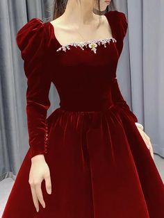 Red Square Neck Dress, Velvet Long Dress, Velvet Outfit, Prom Dresses Long Black, Night Gown Lingerie, Puff Sleeve Maxi Dress, Velvet Dress Long, Velvet Dress Designs, Velvet Prom Dress