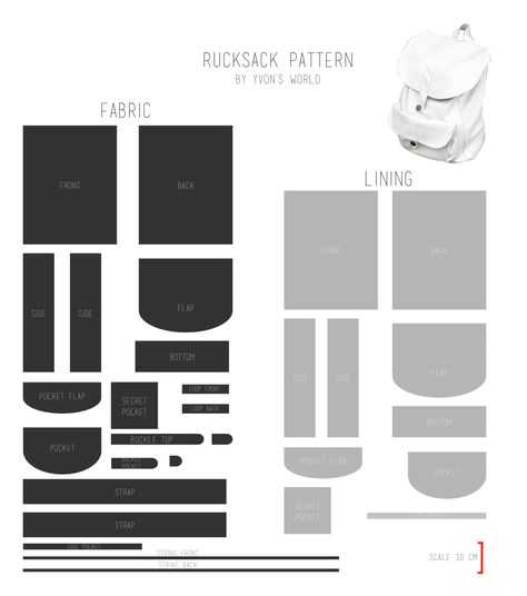 Here is the pattern for the faux leather rucksack I made. You can see the scale at the bottom right. If you make sure the red line is 10 cm when you print out the pattern, all the pieces will be th... Sewing Backpack, Backpack Sewing, Sew Ins, Trendy Sewing, Backpack Pattern, Leather Rucksack, Pattern Ideas, Bags Tutorial, Leather Projects