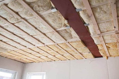 Sound Proofing Ceiling, Basement Ceiling Insulation, Soundproofing Walls, Basement Insulation, Basement Layout, Ceiling Insulation, Attic Insulation, Home Insulation, Diy Basement