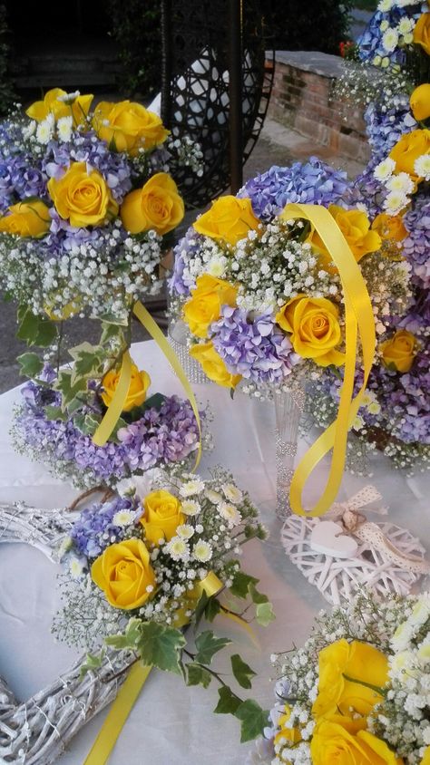 Purple and yellow wedding decors Purple And Yellow Invitations, Lsu Wedding Theme, Purple And Yellow Wedding Flowers, Purple And Yellow Wedding Theme, Purple And Yellow Bouquet, Yellow And Purple Wedding, Purple Yellow Wedding, Purple And Yellow Wedding, Carnation Centerpieces