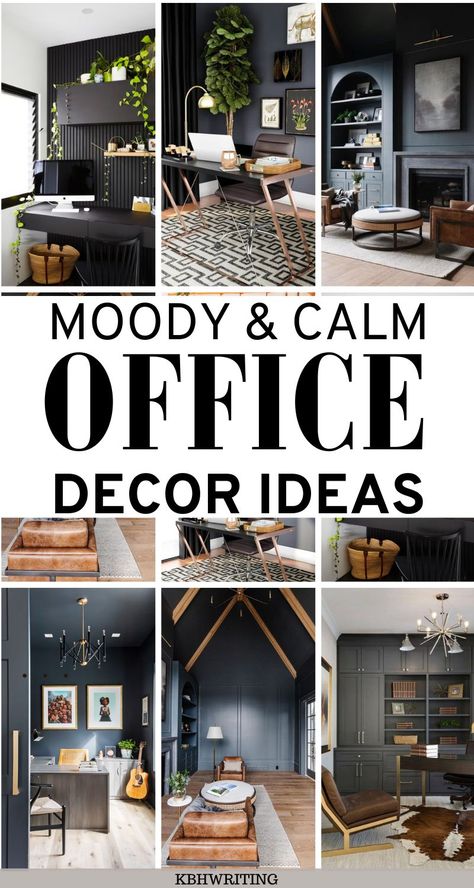 20 Dark & Moody Office Design That Looks Calming Small Masculine Office Ideas, Office With Dark Furniture, Small Office Dark Walls, Industrial Modern Office Design, Dark And Moody Home Office, Artsy Home Office, Moody Den Ideas, Moody Feminine Home Office, Moody Feminine Office