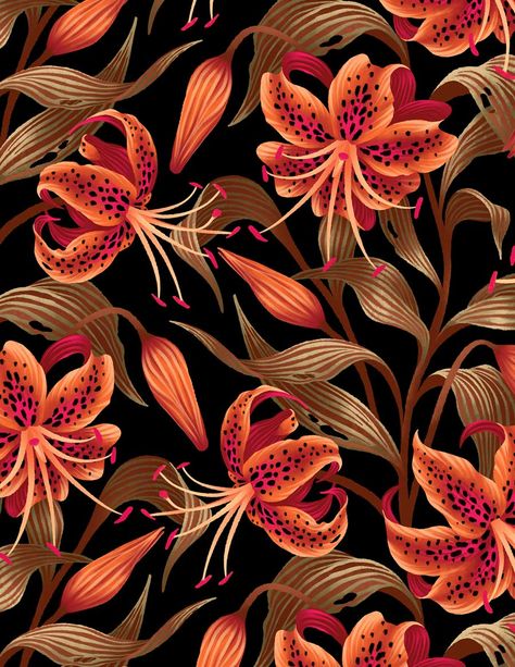 Orange Tiger Lily flowers repeating pattern with brown leaves on black background Tiger Lily Illustration, Floral Textile Prints Design, Tiger Lily Tattoo, Orange Tiger Lily, Lily Illustration, Tiger Lily Flowers, Tiger Lily Tattoos, Mariposa Lily, Fabric Pattern Design