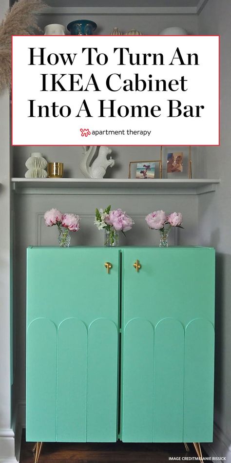 This basic IKEA hack turns a plain wood cabinet into retro-inspired bar. #bartcart #barcabinet #homebar #barideas #cabinetredo #ikeahack #ikeaideas #furnitureredo #cabinetideas #diyideas #diyprojects #retro Diy Bar Dresser, Pink Bar Cabinet, Diy Bar Furniture, Diy At Home Bar, Ikea Diy Bar, Large Bar Cabinet, Bar Cabinet Ideas Diy, Baggebo Hack Ikea, Diy Small Bar