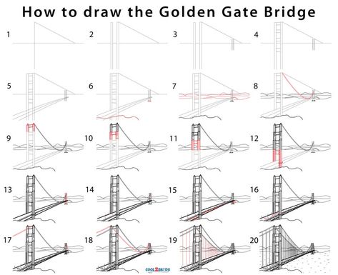 Golden Gate Bridge Drawing (Step by Step Pictures) | Cool2bKids Golden Gate Bridge Drawing, How To Draw Lightning, New York Drawing, Bridge Drawing, Hobbies To Take Up, Intersecting Lines, Tag Ideas, Drawing Step, The Golden Gate Bridge