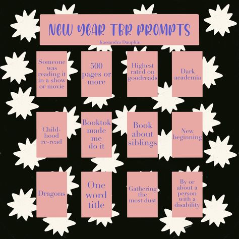 TBR prompt list for the new year. 12 prompts with a black and white starburst pattern Tbr Prompt Jar Ideas, Tbr Jar Prompts, Tbr Prompts, Tbr Jar, Reading Prompts, Read With Me, Fable Stories, Prompt List, Bookish Stuff