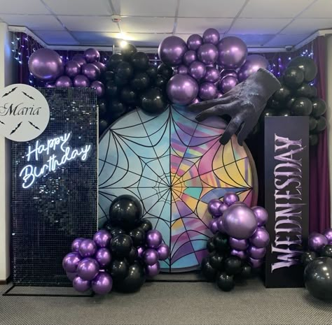 PRICES MAY VARY. 【Wednesday Balloon Garland Kit】: Total are 120 pcs. 163 pcs latex balloons: Purple latex balloons (20pcs 10inches,10psc 5inches), Metallic purple latex balloons (30psc 10inches,4pcs 18inches), Black latex balloons (40psc 10inches,10pcs 5inches,3pcs 18inches),. Balloons accessories 3 pcs: balloons strip 1 pcs, adhesive tape 1 pcs 【High-Quality Latex Balloons】: Our baby shower balloons are made of natural latex. They are certificated, safe to use. PLEASE NOTE: When you open your p Wednesday Addams And Enid Birthday Party Ideas, Wednesday Party Decoration Ideas, Nevermore Birthday Party, Wednesday Birthday Decor, Wednesday Addams Backdrop, Wednesday Party Decoration, Wednesday Adams Party Ideas, Diy Wednesday Addams Party Decor, Wednesday Addams Birthday Party Decorations