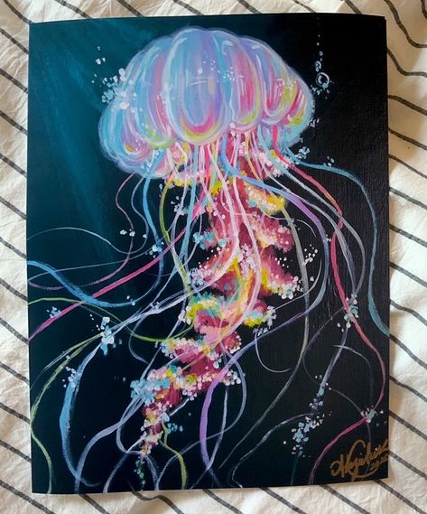 Jellyfish Art Painting, Paintings Of Jellyfish, Colorful Jellyfish Painting, Jelly Fish Painting Ideas, Jellyfish Drawing Colored Pencil, How To Paint Jellyfish, Jellyfish Art Acrylic, Jellyfish Oil Pastel, Jellyfish Painting Acrylic Easy