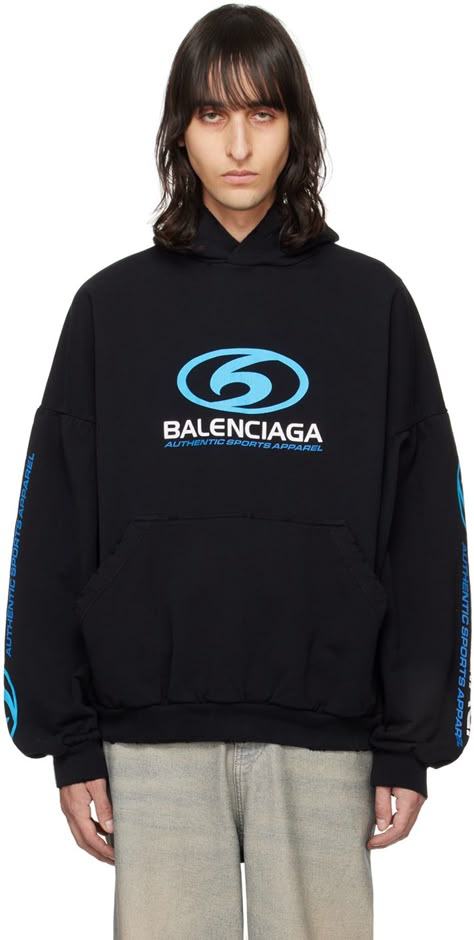 French terry hoodie. Subtle distressing, logo, and text printed throughout. · Kangaroo pocket · Rib knit hem and cuffs Supplier color: Black/Blue Balenciaga Hoodie, Balenciaga Shirt, Balenciaga T Shirt, Black Balenciaga, Boys Fits, Balenciaga Black, French Terry Hoodie, Hoodie And Sweatpants, Vintage Hoodies