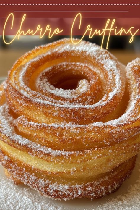 Churro Cruffins Breakfast Treats For Work, Churro Dessert Recipes, Churro Cruffins, Cruffins Recipe Easy, Churro Dessert, Cruffin Recipe, Easy Dinner Desserts, Brunch Appetizers, Sweet Magic