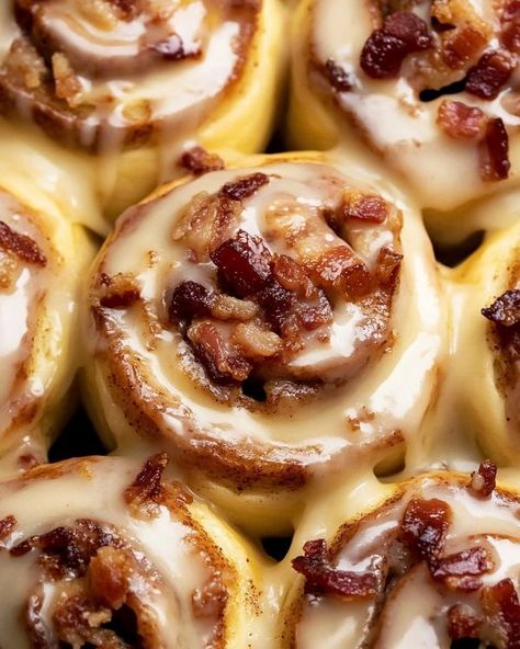 Savor Station | Sweet and Savory Bourbon Maple Bacon Cinnamon Rolls | Facebook Maple Bacon Cinnamon Rolls, Bacon Cinnamon Rolls, Candied Bacon, Thick Cut Bacon, Maple Bacon, Ice Cream Cookies, Sweet And Savory, Cookie Desserts, 1 Pound