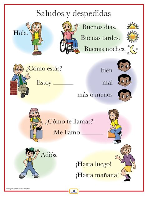 Introduce greetings with this colorful 18 x 24 in. poster that: - includes a free guide with teaching suggestions and practice worksheets - is sent flat (except international orders) Other phrase post Spain Language, Useful Spanish Phrases, Preschool Spanish, Spanish Classroom Activities, Learning Spanish For Kids, Spanish Greetings, Spanish Lessons For Kids, Learn Spanish Online, Learning Spanish Vocabulary