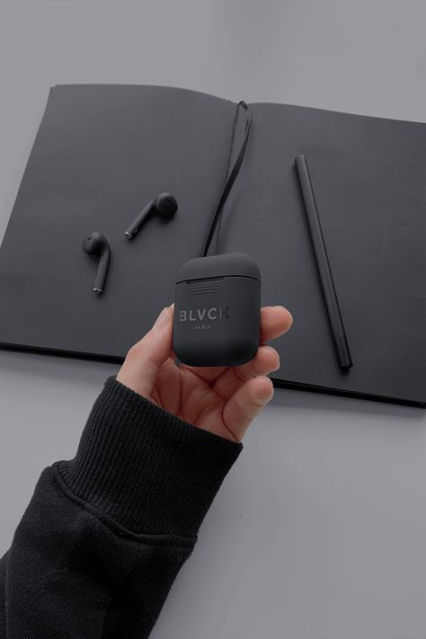 Blvck Airpods case from our store Blvckshop.com. Blvck Paris, All Black Looks, All Black Everything, Black Accessories, Black And White Aesthetic, Airpods Case, Black Side, Black Case, White Aesthetic