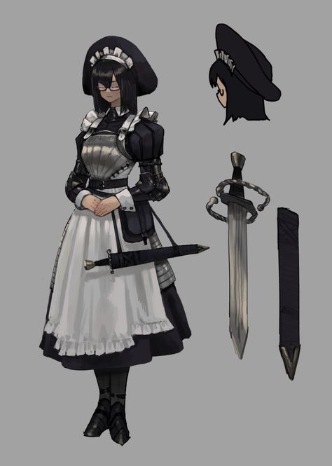 Combat Maid, French Maid Dress, Victorian Fashion Dresses, Female Knight, Maid Outfit, Maid Dress, Female Character Design, Fantasy Clothing, Black Skirt