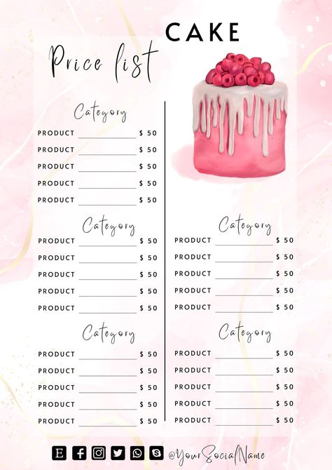 Bakery business price list graphic Price List Design Ideas Food, Cake Price List, Bakery Menu Template, Cake Business Names, Cake Business Plan, Cake Pricing Chart, Bakers Menu, Bakery Names, Home Bakery Business