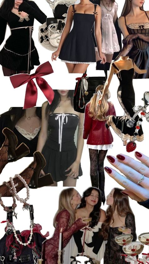 dark coquette, cherry red, rockstar girlfriend, dark feminine, outfits, aesthetic, core Coquette Black, 21 Diner, Dark Coquette, White Cherries, Cherry Red, Diner, Fashion Inspo, Cherry, Black And Red