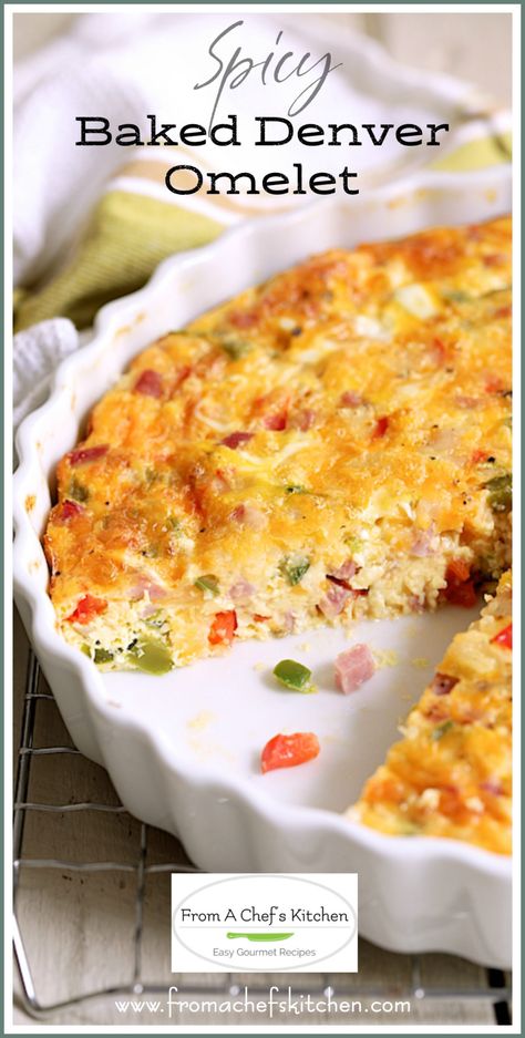 Spicy Baked Denver Omelet is an easy quiche version of the classic with red and green peppers, ham and plenty of cheese!  Diced jalapeno replaces some of the green pepper for a kicked up modern twist and you don't need any fancy omelet-making skills! #denveromelet #eggs #eggrecipes #bakedomelet #omelet Denver Omelet, Red And Green Peppers, Easy Quiche, Omelets Recipe, Brunch Recipe, Chef's Kitchen, Green Peppers, How To Cook Ham, Green Pepper