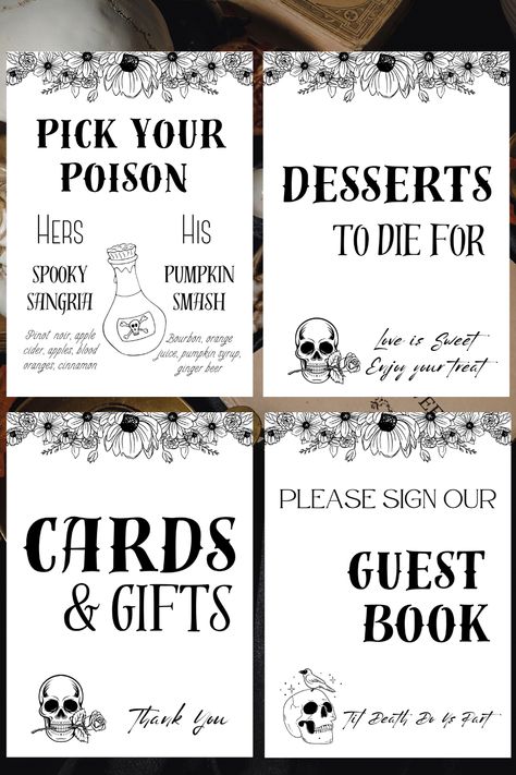 Gothic Wedding Reception Decor, Gothic Wedding Reception, Friday The 13th Wedding, Diy Fall Wedding Decorations, Bridal Party Sign, Gothic Wedding Theme, Dark Wedding Theme, Wedding Reception Favors, Wedding Shower Themes