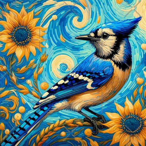 Blue Jay in a Sunflower Field - Van Gogh Style Painting by Star-Fragment | Redbubble Blue Jay Drawing, Van Gogh Style Painting, Jay Drawing, Star Fragment, Van Gogh Drawings, Van Gogh Style, 3 Bears, Sunflower Field, Sunflower Fields