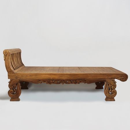 Teak carved Balinese chaise lounge chair.  Beautiful carved details on both sides.  Custom cushion available on request. Balinese Furniture, Daybed Lounge, Carved Sofa, Sofa Design Wood, Lounge Bed, Honey Walnut, Hand Carved Teak, Wooden Sofa Designs, Contemporary Coastal