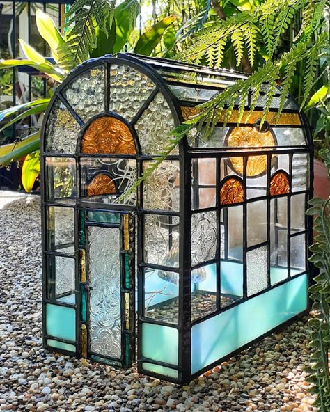 Ivy De Bruijn (@ivysglasscottage) • Instagram photos and videos Stainglass Greenhouse, Stain Glass Greenhouse, Stained Glass Greenhouse, Glass Green House, Simple Greenhouse, Stained Glass Terrarium, Wardian Case, Victorian Greenhouses, Greenhouse Interiors