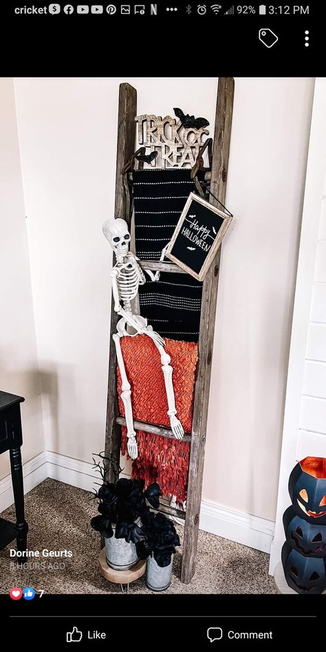 Halloween Ladder Ideas, Halloween Ladder Decor, Ladder Halloween Decor, Blanket Ladder Halloween Decor, Halloween Blanket Ladder, How To Style Blanket Ladder, Halloween Ladder Decorations, Blanket Ladder Styling, Fall Blanket Ladder Decor