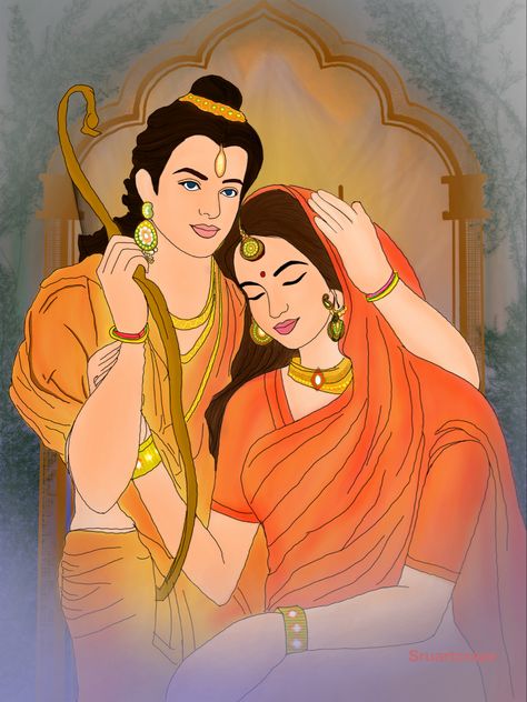 Digital art of sita ram Ram Sita Illustration Art, Ram Sita Illustration, Sita Ram Paintings, Shree Ram And Sita, Sita Ram Drawing, Ram Sita Painting, Ram Sita Rangoli, Ram Sita Drawing, Lord Ram And Sita