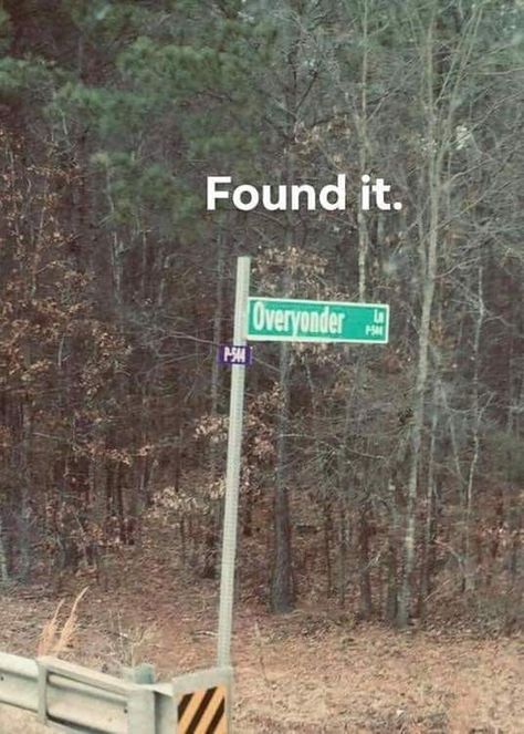 "Overyonder" Lane. Hahaha! Funny Road Signs, Great Memes, Pictures Of The Week, Groundhog Day, Silly Jokes, Street Sign, Morning Humor, Dad Jokes, Funny Signs