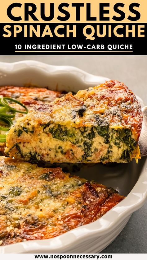 Experience the ultimate convenience and taste with this crustless spinach quiche recipe, where every bite bursts with savory, eggy goodness. This easy-to-make quiche features tender spinach, crispy bacon, and two types of cheeses – without the fuss of a crust. Ideal for both quick meals and elegant brunches, this delightful low-carb egg dish will quickly become a favorite! Spinach Crustless Quiche Recipes, Spinach Quiche Recipes Easy Crustless, Saurcraught Recipes, Bacon Cheddar Crustless Quiche, Quiche Without Crust, Spinach Quiche Recipes Crustless, Crustless Quiche Recipes Easy, Basic Crustless Quiche Recipe, Gf Quiche