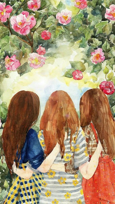 Friendship Paintings, Art Iphone Wallpaper, Best Friend Drawings, Friends Illustration, Wallpaper Beautiful, Bff Drawings, Sisters Art, Different Ideas, Drawing Wallpaper