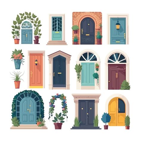 Vector web front doors of residential ho... | Premium Vector #Freepik #vector #vintage-door #cartoon-door #door-illustration #wood-door Door Doodle, Front Door Illustration, Door Cartoon, Door Illustration, Door Drawing, Royal Doors, City Builder, Castle Doors, Background Cartoon