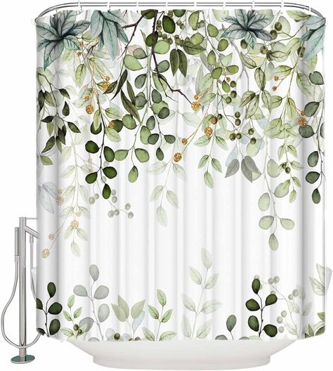 Rich Bathroom, Green Shower Curtains, Bathroom Shower Curtain Sets, Floral Bathroom, Shower Rods, Flower Shower Curtain, Creative Bathroom, Boho Shower Curtain, Green Eucalyptus