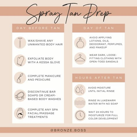 Your Step-By-Step Guide To Spray Tan Skin Prep - bronzeboss.co Spray Tan Guide, Spray Tan Prep, Norvell Spray Tan, Spray Tan Room, Spray Tan Marketing, Spray Tanning Quotes, Tan Products, Tan Tips, Spray Tan Tips