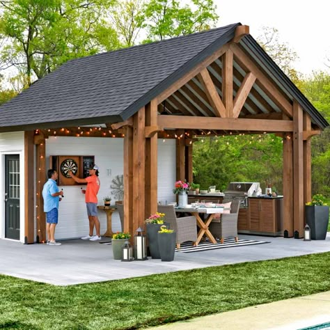 Outdoor Kitchen Off Of Garage, Outdoor Pergola Bar Ideas, Shed Outdoor Living Space, Outdoor Kitchen Setup Ideas, Shed With Gazebo, Gazebo With Kitchen Ideas, Garage With Outdoor Living Space, Patio Carport Combo, Carport With Outdoor Kitchen