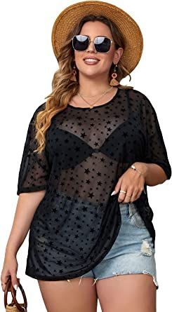 Milumia Women's Plus Size Star Print Sheer Mesh Drop Shoulder Oversized Tee Tops T Shirt Blouse, Sheer Mesh Top, Mesh Tops, Plus Size Summer Outfit, Crochet Tank Top, Tank Top Dress, Plus Size Shorts, Casual Summer Outfit, Oversized Tee