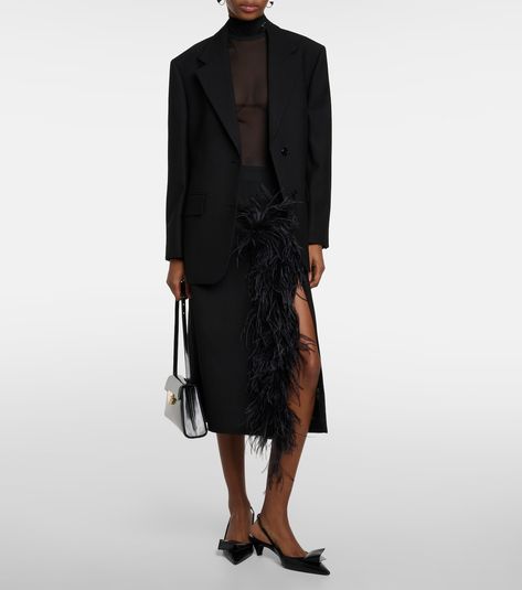 Feather-trimmed wool midi skirt in black - Prada | Mytheresa Feather Skirt Outfit, Midi Skirts Style, Wool Midi Skirt, Satin Slip Skirt, Feather Skirt, Tailored Skirt, Long Denim Skirt, Tweed Mini Skirt, Leather Midi Skirt