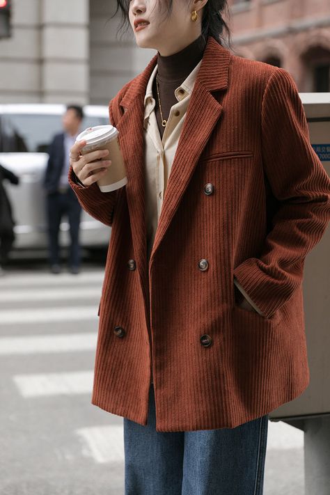 Pre-order status: Ships out in 2-3 weeks. Corduroy blazer jacket in an oversized boxy fit for a rustic vintage look. Double breasted button up closure with side pockets and notched lapels. Lined. XS: 16" across shoulders, 43" chest, 28.5" lengthS: 17" across shoulders, 44.5" chest, 29" lengthM: 18" across shoulders, 46" chest, 29.5" lengthL: 19" across shoulders, 47.5" chest, 30" length Oversized Blazers, Fashion Fails, Womens Jackets Casual, Fashion Statements, Corduroy Blazer, Cotton Blazer, Blazer Outfits, Breasted Blazer, Oversized Blazer