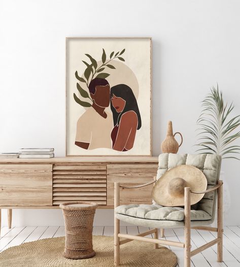 Boho Couple Painting, Boho Art Painting Couple, Boho Drawings, Art Prints Minimalist, Black Woman Art, Boho Painting, Couple Painting, Woman Art, Drawing Clothes