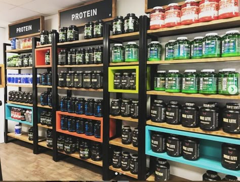 Protein Powder in Store Protein Shop Design, Gym Supplement Store Design, Supplement Store Interior Design, Supplement Shop Interior Design, Supplement Store Design, Supermarket Design Interior, Supplement Shop, Protein Shop, Gym Supplements