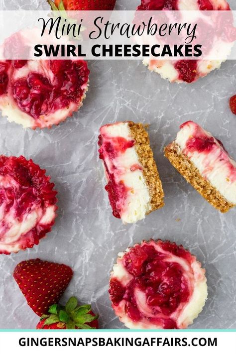 These Strawberry Swirl Mini Cheesecakes feature a buttery graham cracker crust, creamy cheesecake filling, and a fresh strawberry sauce. This irrisistable treat is easily made in a muffin pan and makes for the most perfect on-the-go dessert! Roasted Strawberry Cheesecake, Strawberry Cheesecake Muffins, Mini Cheesecake Cupcakes, Graham Cracker Dessert, Strawberry Cheesecakes, Strawberry Swirl Cheesecake, Mini Strawberry Cheesecake, Strawberry Cheesecake Bites, Cheesecake Bites Recipe