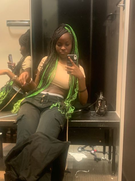 #Greenbraids #greenpeekaboo #blackgirl  #y2k Peekaboo Island Twist, Green Peekaboo Braids, Peekaboo Hair Color Braids, Peek A Boo Box Braids, Green Peekaboo, Campaign Board, Peekaboo Braids, Peekaboo Hair Colors, Cute Box Braids